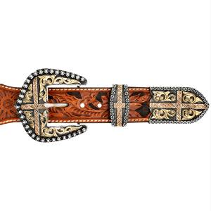 A custom western three piece belt buckle set featuring copper crosses and golden bronze scrollwork 